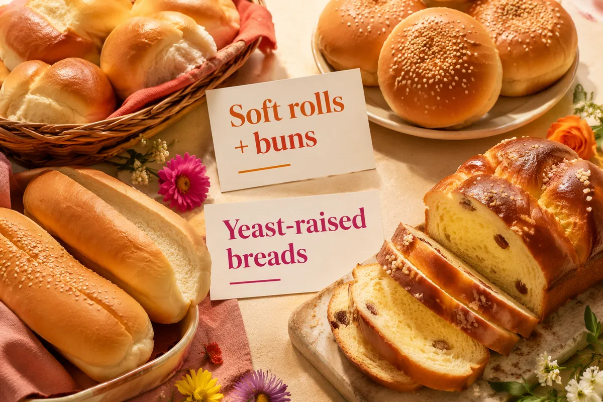Assortment of hamburger buns, hot dog rolls, soft rolls and a sliced raisin sweet bread on a table